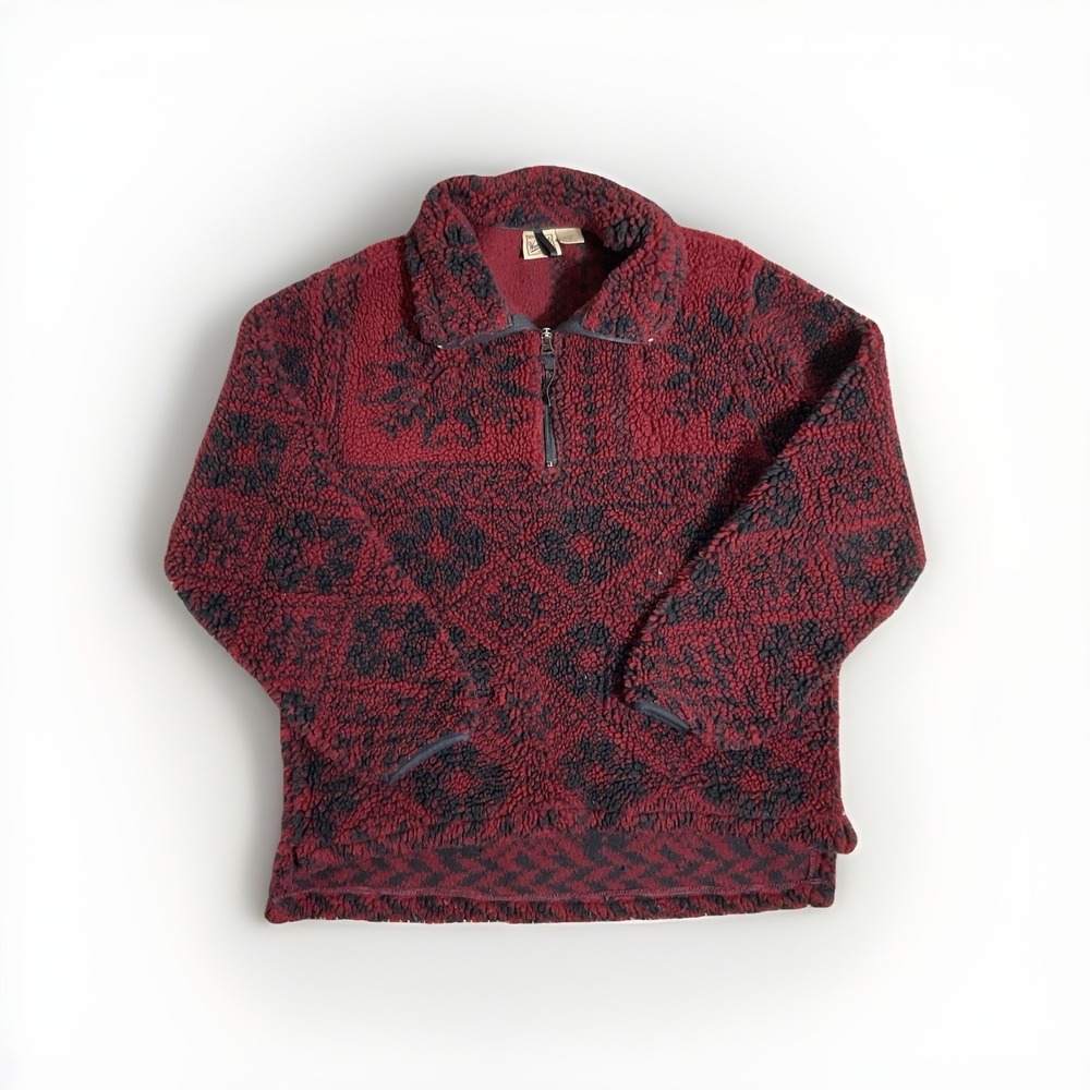 Woolrich Womens Small Red Black Pullover Fleece Sherpa USA Primitive AOP